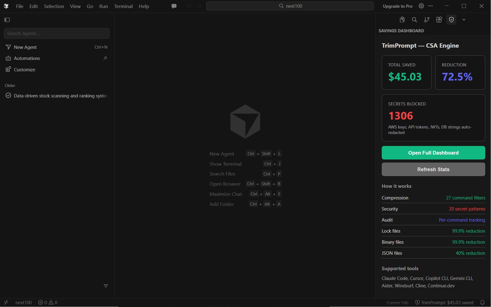 TrimPrompt running across Cursor, VS Code, and Antigravity IDE